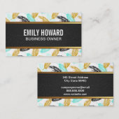 パーム葉 |ナチュラル |ブラックレザー金ゴールドトリム 名刺 (正面/裏面)