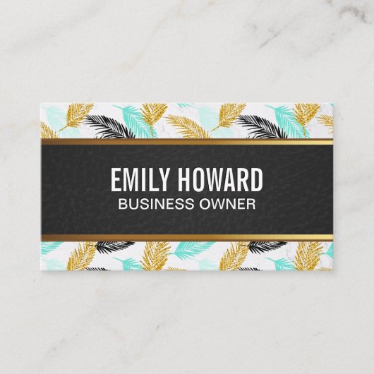 パーム葉 |ナチュラル |ブラックレザー金ゴールドトリム 名刺 (正面)