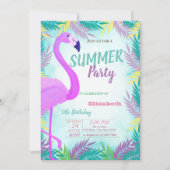 パーム葉、フラミンゴ、夏の誕生日パーティー 招待状 (正面)