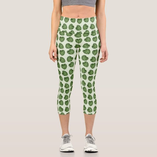 パーム葉、緑葉の、熱帯パターン カプリレギンス (正面)