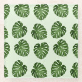 パーム葉、緑葉の、熱帯パターン ガラスコースター (正面)