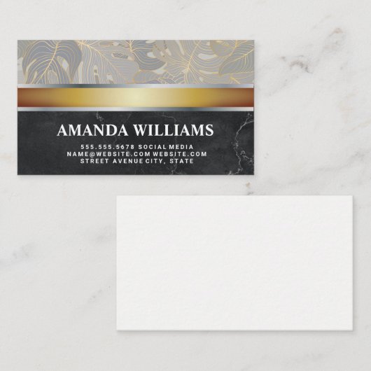 パーム葉 |金ゴールド銀メタル |黒い大理石 名刺 (正面/裏面)
