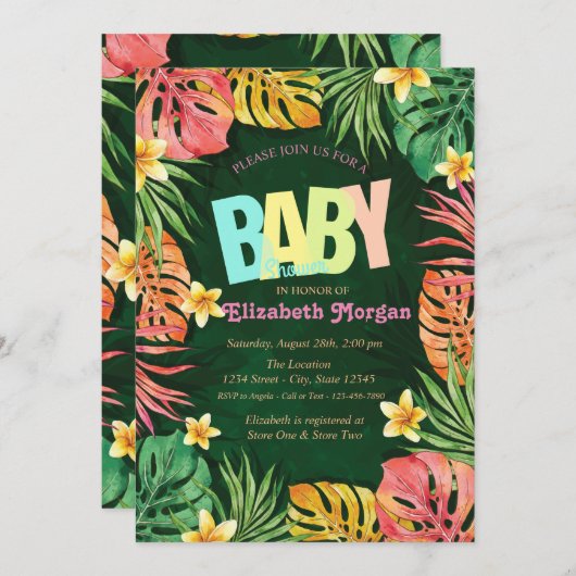 パーム離れカラフルグリーンベビーシャワー 招待状 (正面/裏面)