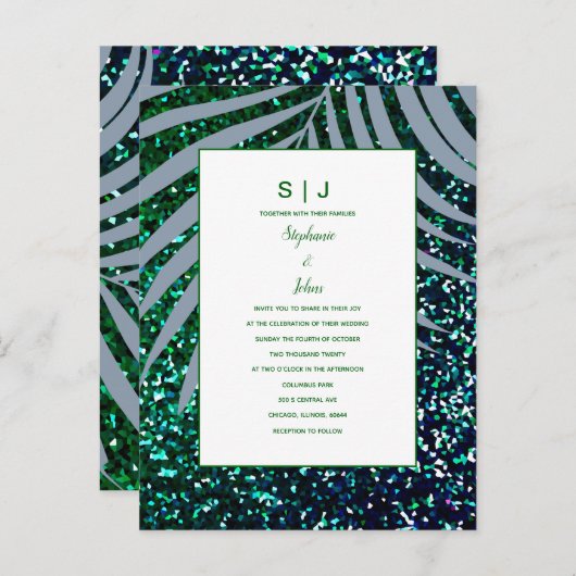 パーム離れズダスティブルーグリーングリッター結婚ズ インビテーションポストカード (正面/裏面)