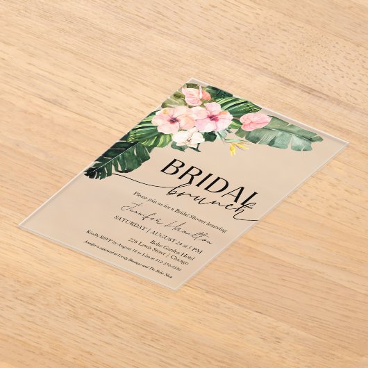 パーム離れハイビスカストロピカルフローラブライダルブランチ アクリル招待状 (レイダウン)