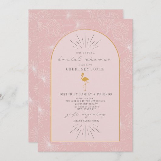 パーム離れフラミンゴピンクイエローブライダルシャワー 招待状 (正面/裏面)