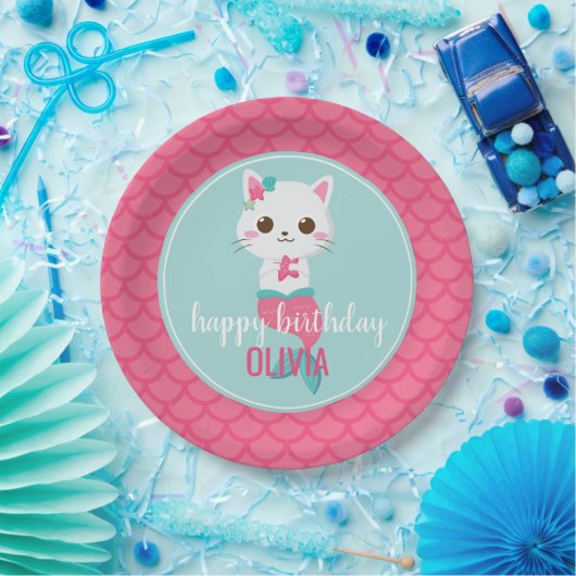 パーメイドマーメイド子猫ピンクはかりで測誕生日 ペーパープレート (パーティー)