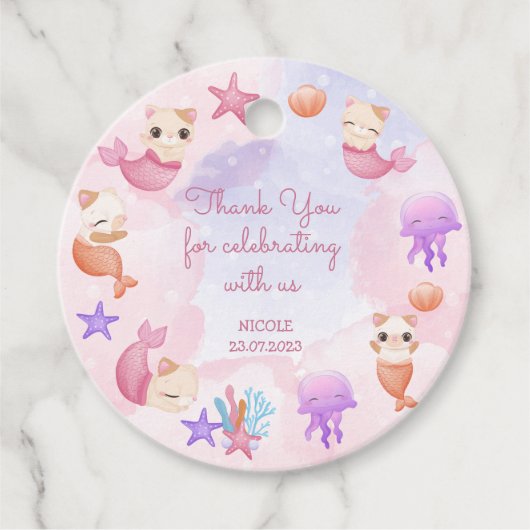 パーメイド猫の人魚かわいい女の子の誕生日 フェイバータグ (正面)
