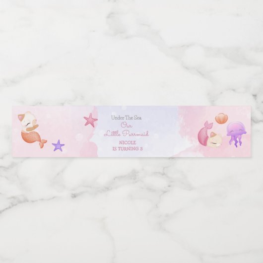 パーメイド猫の人魚かわいい女の子の誕生日 ペットボトルラベル (シングルラベル)