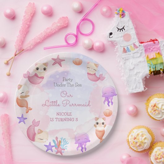 パーメイド猫の人魚かわいい女の子の誕生日 ペーパープレート (パーティー)