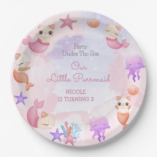 パーメイド猫の人魚かわいい女の子の誕生日 ペーパープレート (正面)