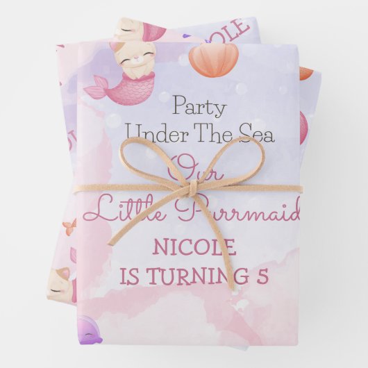 パーメイド猫の人魚かわいい女の子の誕生日 ラッピングペーパーシート (インサイチュ)