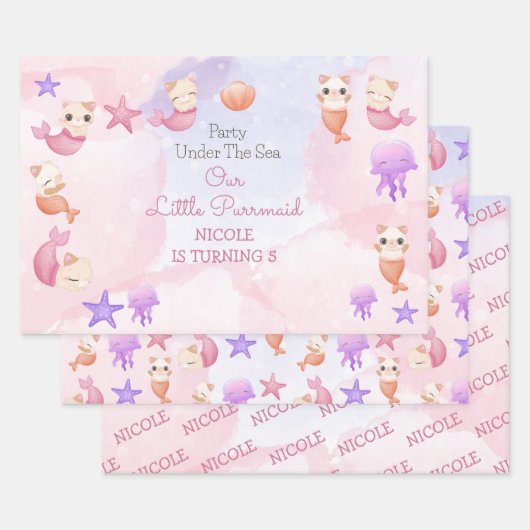 パーメイド猫の人魚かわいい女の子の誕生日 ラッピングペーパーシート (セット)