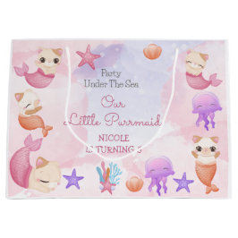 パーメイド猫の人魚かわいい女の子の誕生日 ラージペーパーバッグ