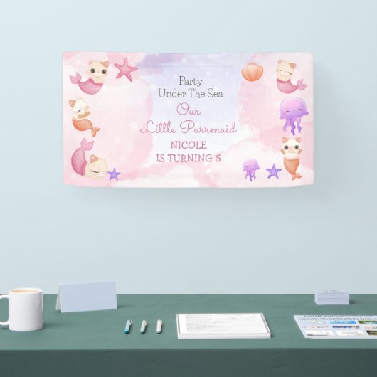 パーメイド猫の人魚かわいい女の子の誕生日 横断幕 (トレードショー)