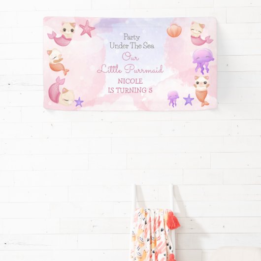 パーメイド猫の人魚かわいい女の子の誕生日 横断幕 (インサイチュ)