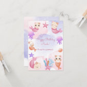 パーメイド猫マーメイドかわいい女の子ハッピーバースデー カード (正面/裏面インサイチュ)