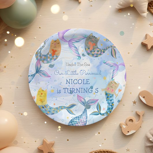 パーメイド猫マーメイド水彩少女の誕生日 ペーパープレート