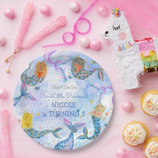 パーメイド猫マーメイド水彩少女の誕生日 ペーパープレート (パーティー)