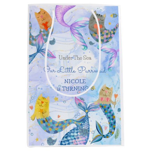 パーメイド猫マーメイド水彩少女の誕生日 ミディアムペーパーバッグ (正面)