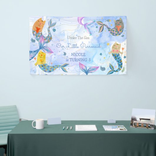 パーメイド猫マーメイド水彩少女の誕生日 横断幕 (トレードショー)