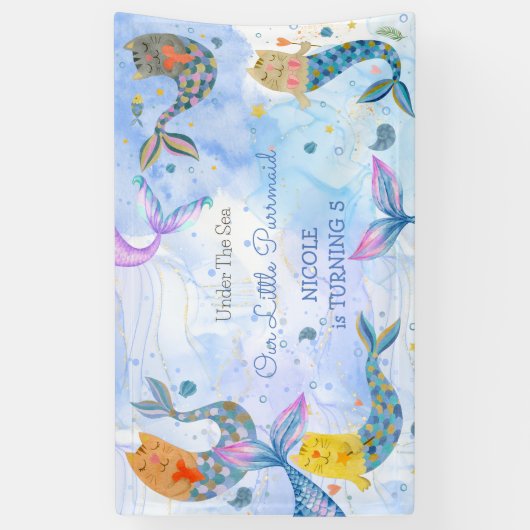 パーメイド猫マーメイド水彩少女の誕生日 横断幕 (縦)