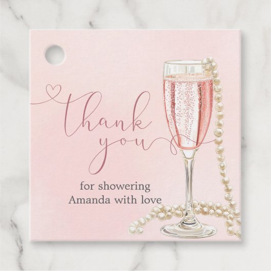 パールとピンクのプロセッコ ブライダルシャワー フェイバータグ (正面)