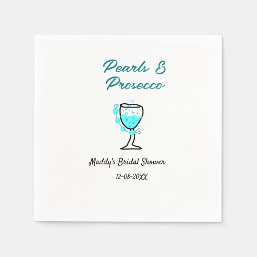パールとプロセッコのウェディングシャワー 青 黒 ネーム スタンダードカクテルナプキン (正面)