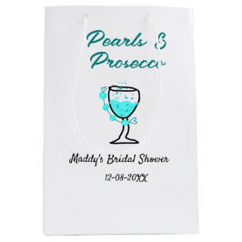 パールとプロセッコのウェディングシャワー 青 黒 ネーム ミディアムペーパーバッグ