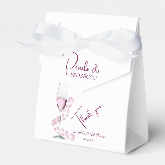 パールとプロセッコ 現代のエレガントなブライズシャワーデザイン フェイバーボックス (正面サイド)