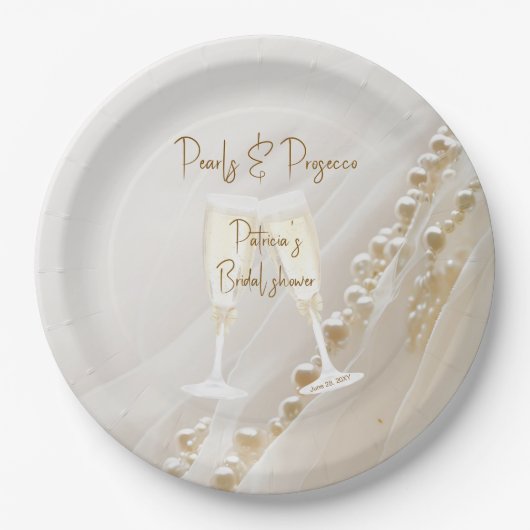 パールとプロセッコ 現代のエレガントな結婚前お茶会 ペーパープレート (正面)