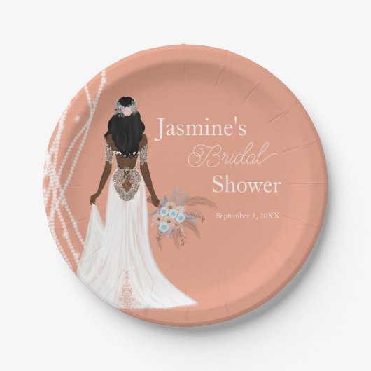 パールと花のボヘミアンブライド ブライダルシャワー ペーパープレート (正面)