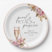 パールと花びらとプロセッコの花のブライズシャワー ペーパープレート (正面)