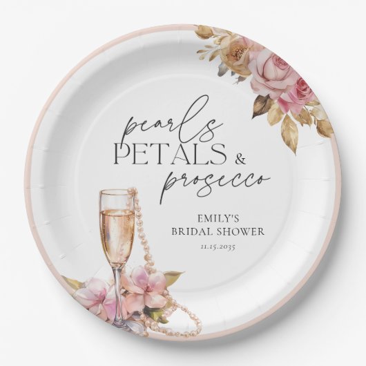 パールと花びらとプロセッコの花のブライズシャワー ペーパープレート (正面)