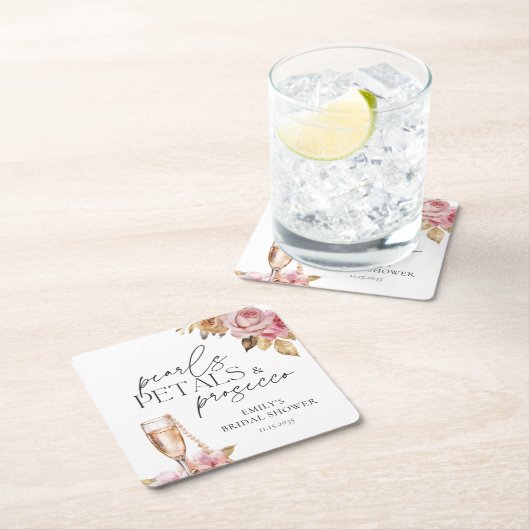 パールと花びらとプロセッコの花のブライダルシャワー スクエアペーパーコースター (インサイチュ)