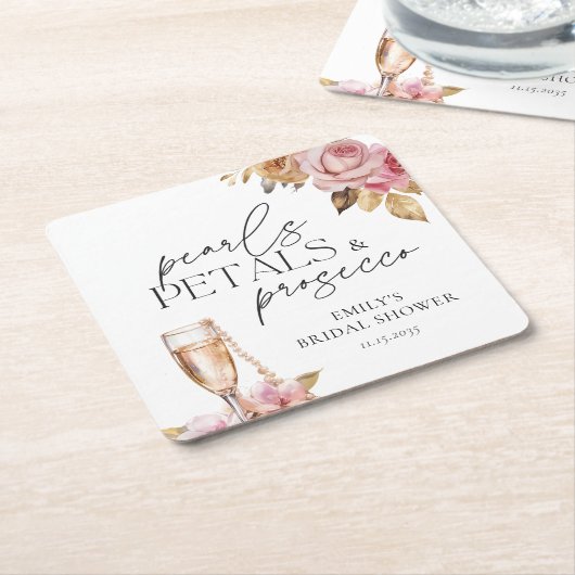 パールと花びらとプロセッコの花のブライダルシャワー スクエアペーパーコースター (アングル)