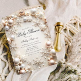 パールと雪の結晶のベビーシャワー 招待状