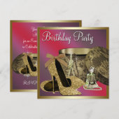 パールのハイヒール靴 女性 赤 誕生日 招待状 (正面/裏面)