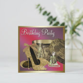 パールのハイヒール靴 女性 赤 誕生日 招待状 (スタンド正面)