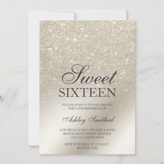 パールアイボリーグリッターグラデーションメタリックシックSweet 16 招待状 (正面)