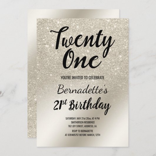 パールアイボリーグリッターグラデーションメタリック21th誕生日 招待状 (正面/裏面)