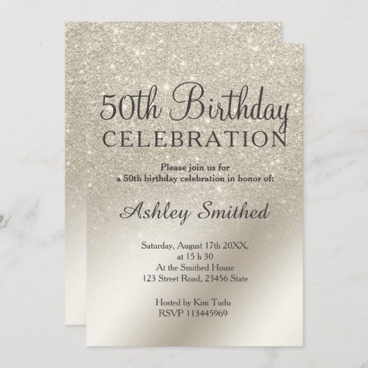 パールアイボリーグリッターメタグラデーションリック50歳の誕生日 招待状 (正面/裏面)