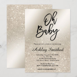 パールアイボリーグリッターメタグラデーションリックOhベビーシャワー 招待状
