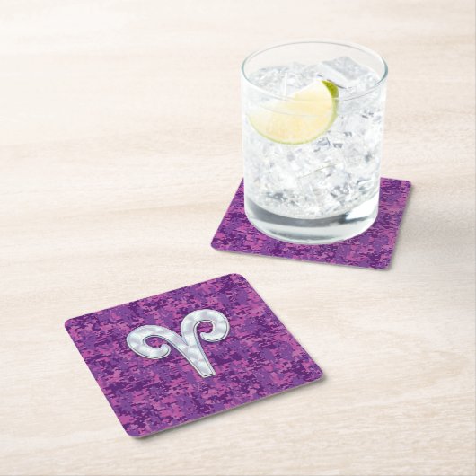 パールアリ〔占星術の〕十二宮図サインオンピンクデジタル迷彩柄デコール スクエアペーパーコースター (インサイチュ)