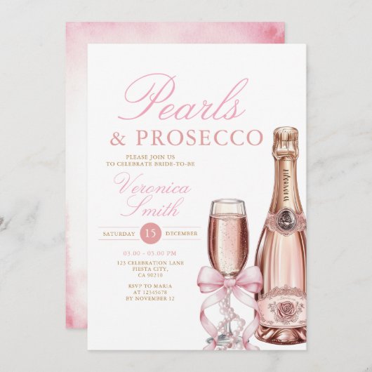 パールアンドプロセッコネックレスボウブライダルシャワー 招待状 (正面/裏面)