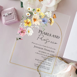 パールアンドプロセッコワイルドフラワーボホブライダルシャワー アクリル招待状