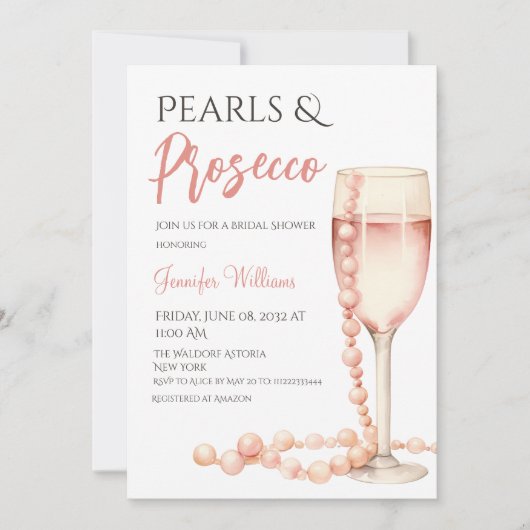 パールアンドプロセッコ赤面ピンクブライダルシャワー 招待状 (正面)
