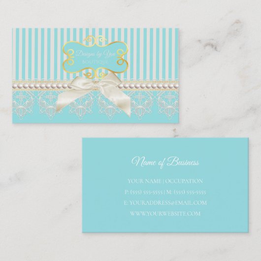 パールアンドレースアクアストライプシームボウブティック 名刺 (正面/裏面)