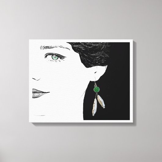パールイヤリングの女の子ファッションイラストレーションアート キャンバスプリント (正面)