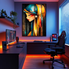 パールイヤリングを持つ女の子 – キュービストのミニマリスト ポスター